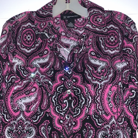 INC Petite Pink Black White Blouse w/Cami Rhinestones EUC - Picture 3 of 17